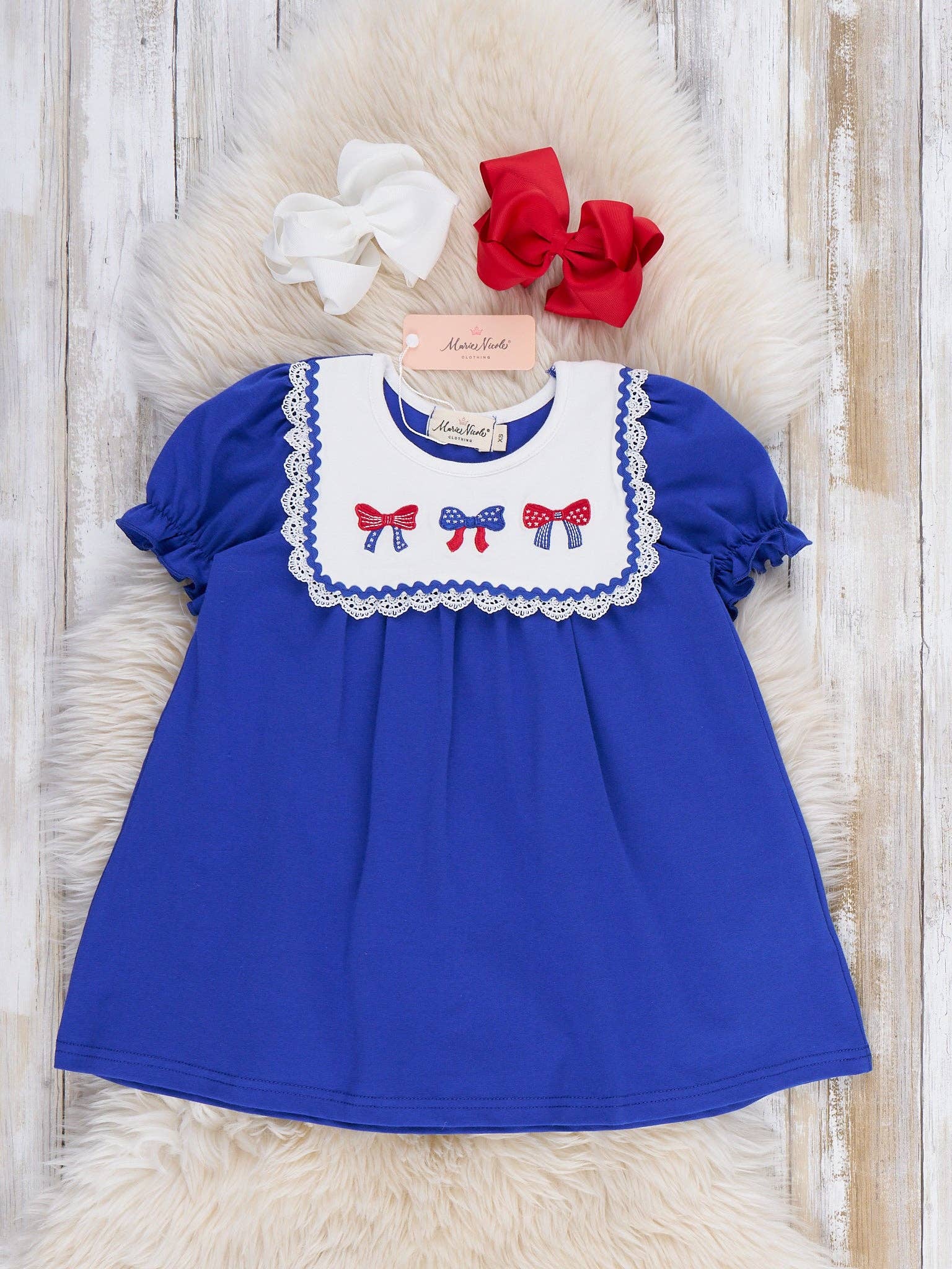 Patriotic Bow Bliss Embroidered Cotton Ruffle Dress: M(3yrs)