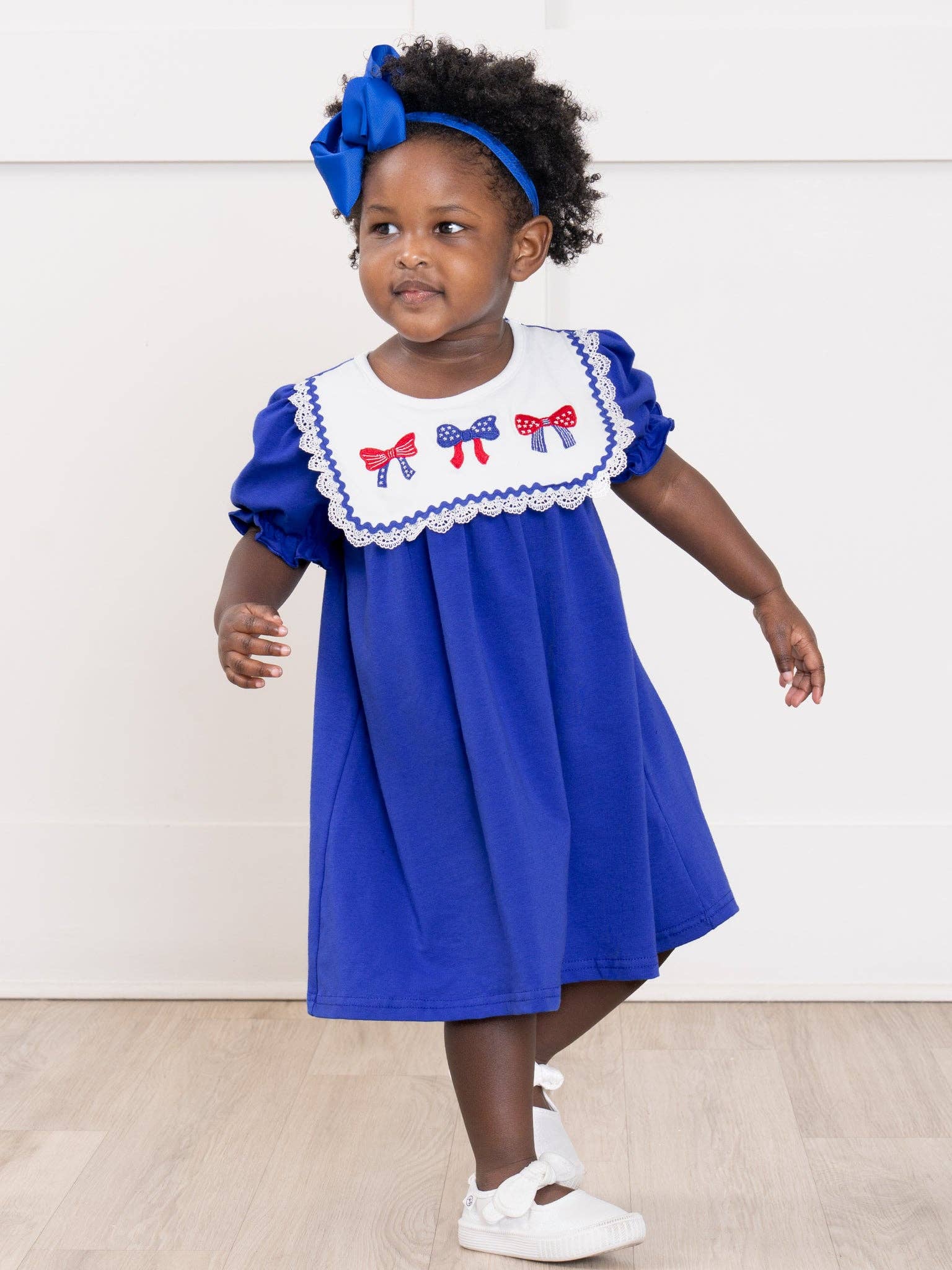 Patriotic Bow Bliss Embroidered Cotton Ruffle Dress: S(2yrs)