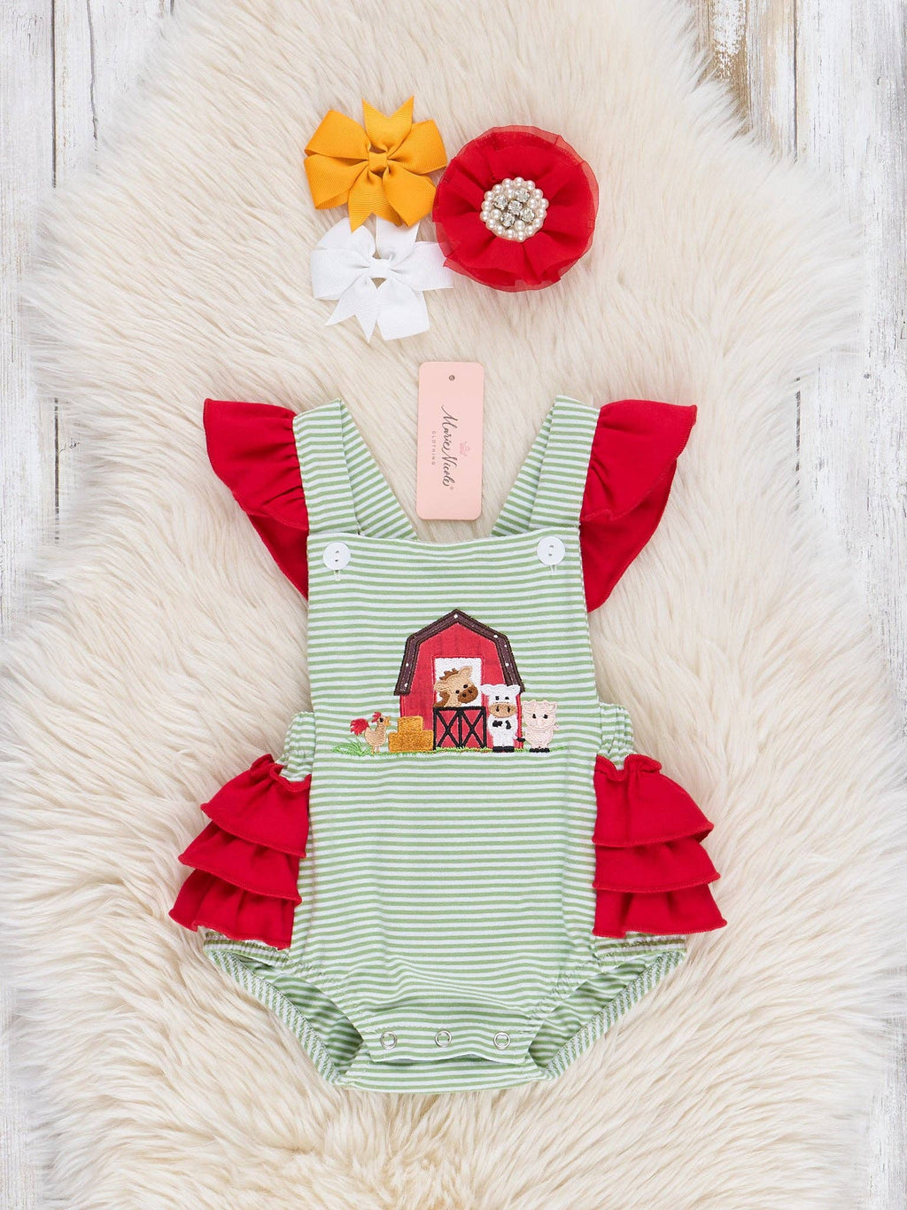 Striped Embroidered Farmhouse Cotton Ruffle Bubble Romper: 18/24MOS