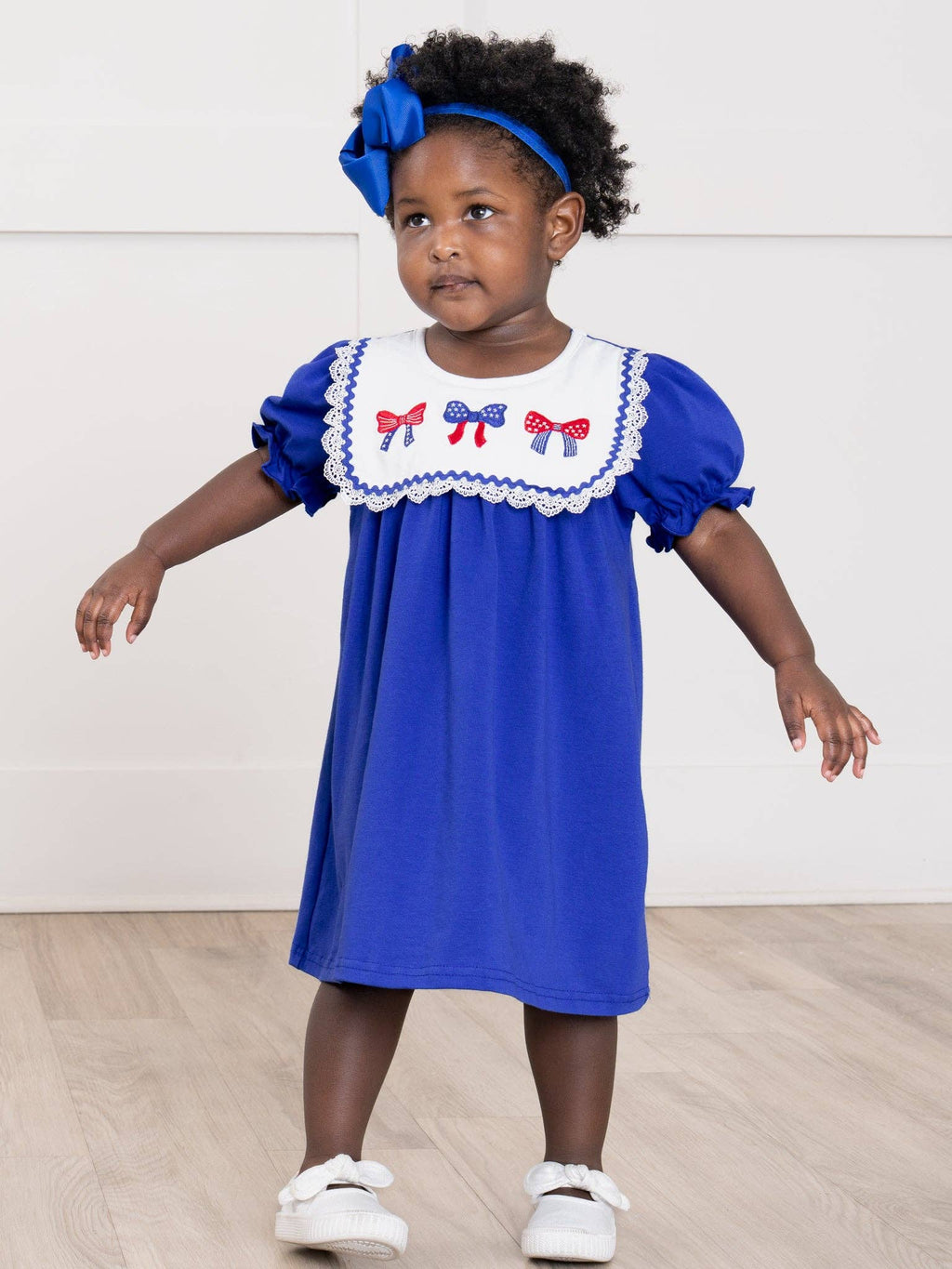 Patriotic Bow Bliss Embroidered Cotton Ruffle Dress: L(4yrs)