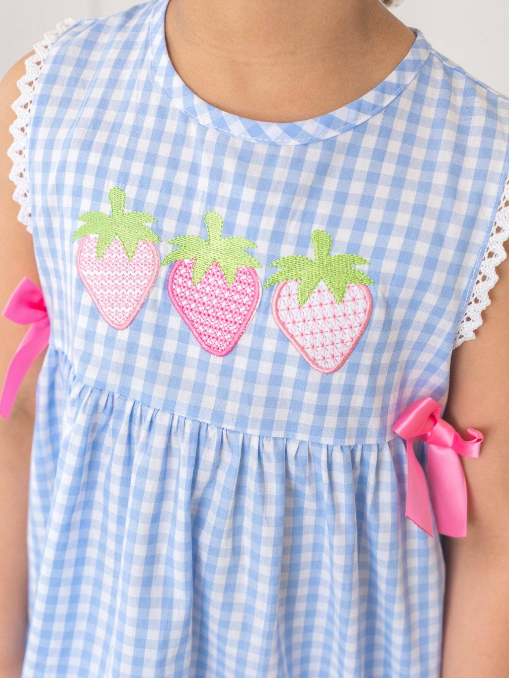Gingham Embroidered Strawberries 100% Cotton Ruffle Outfit: XS(18/24mos)