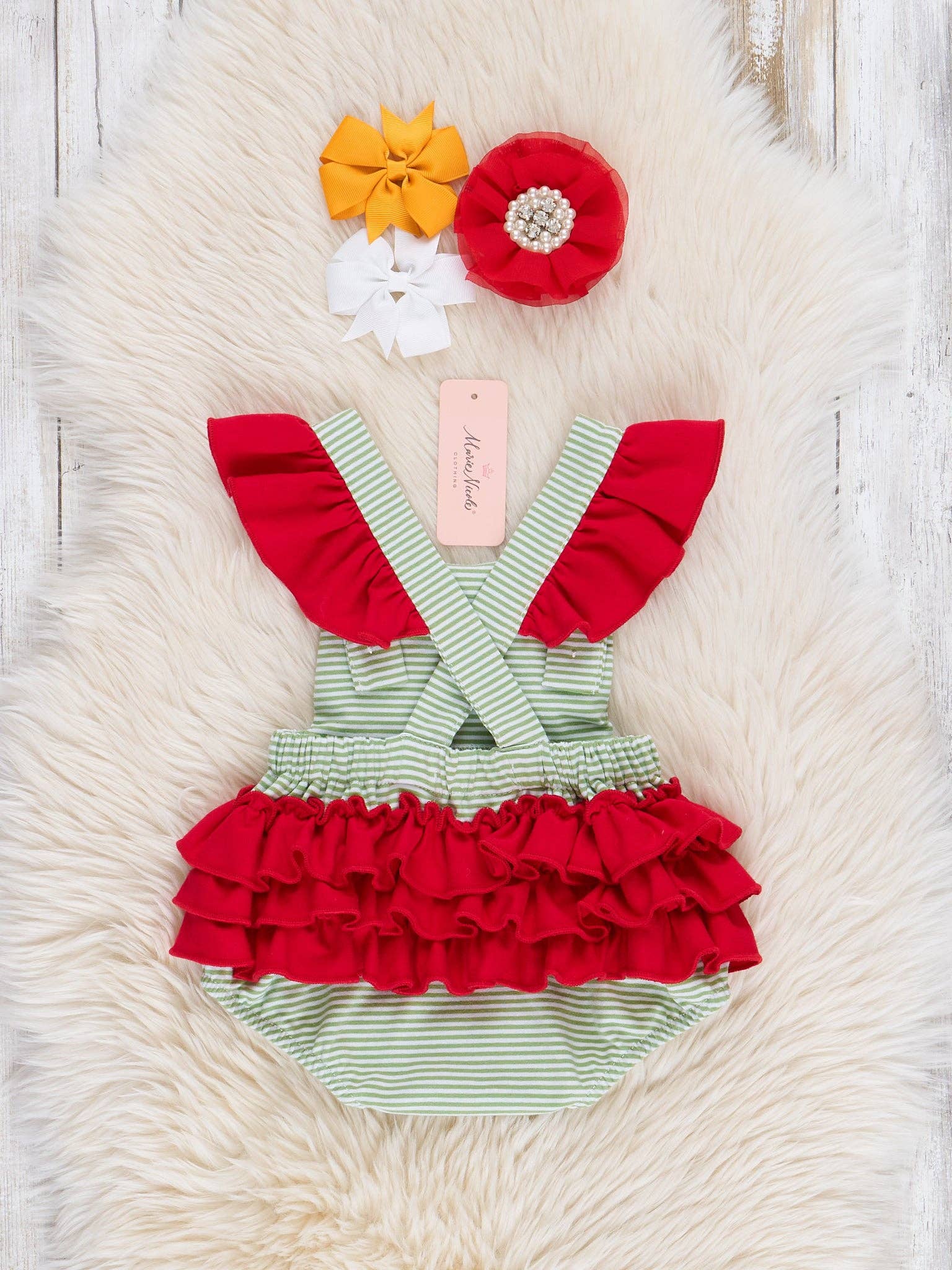 Striped Embroidered Farmhouse Cotton Ruffle Bubble Romper: 12/18MOS