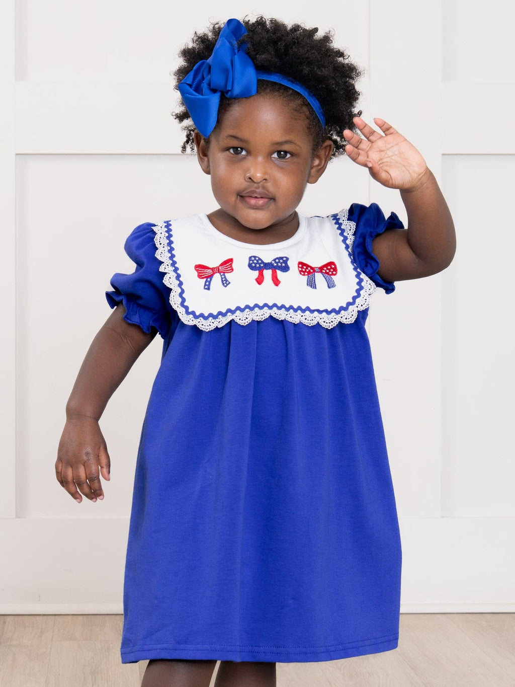Patriotic Bow Bliss Embroidered Cotton Ruffle Dress: M(3yrs)