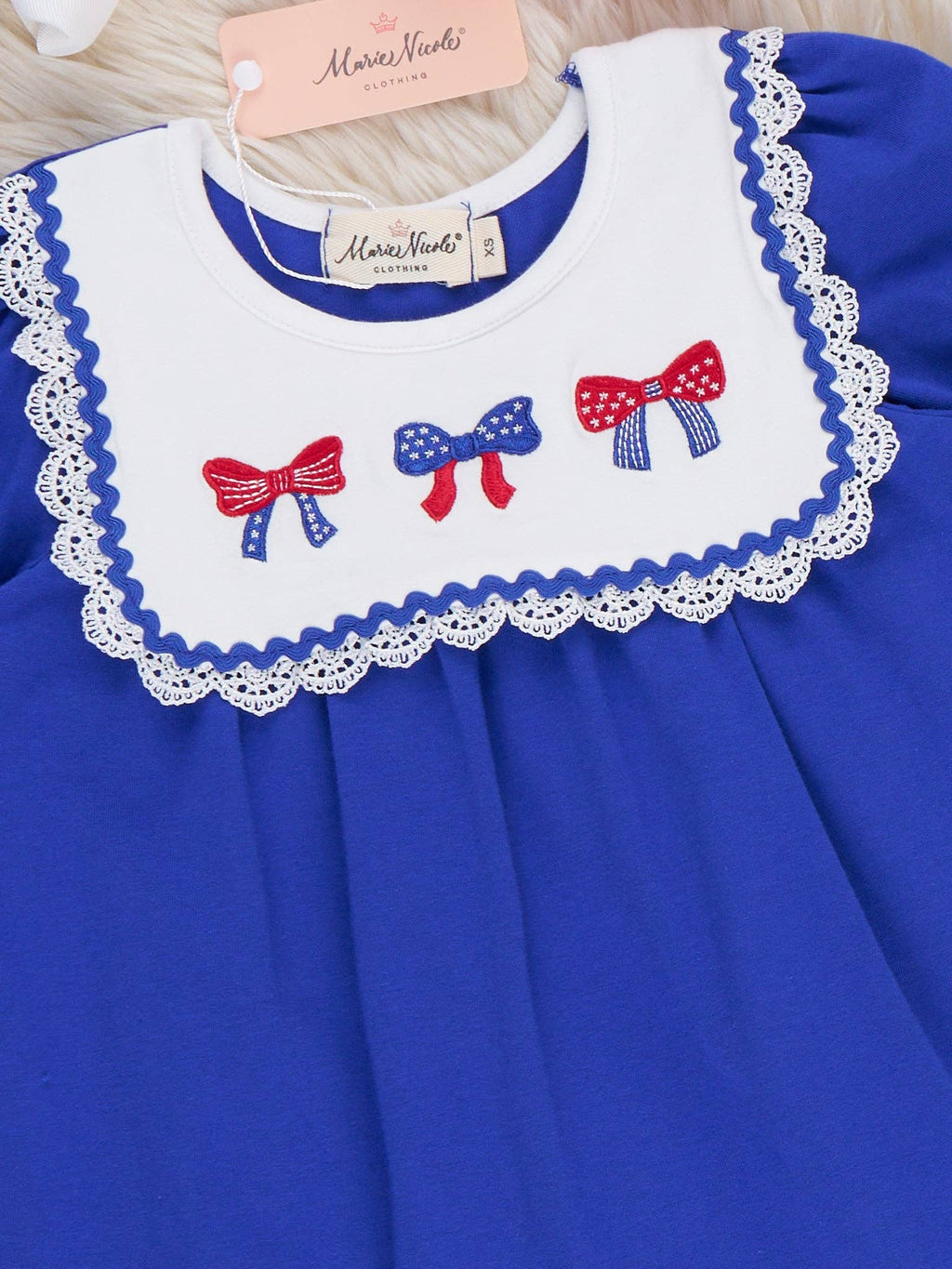 Patriotic Bow Bliss Embroidered Cotton Ruffle Dress: M(3yrs)